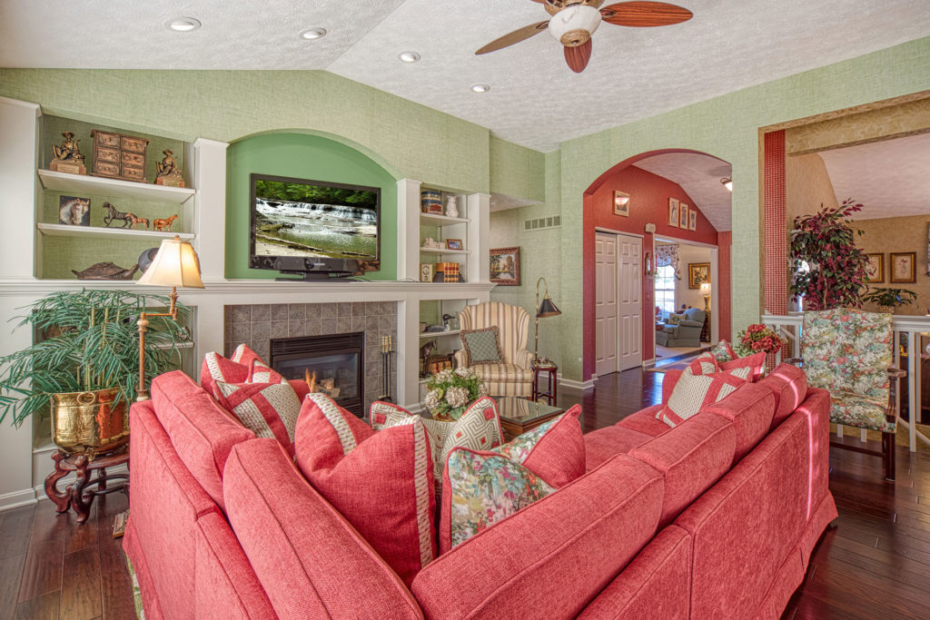 pink sectional in living room