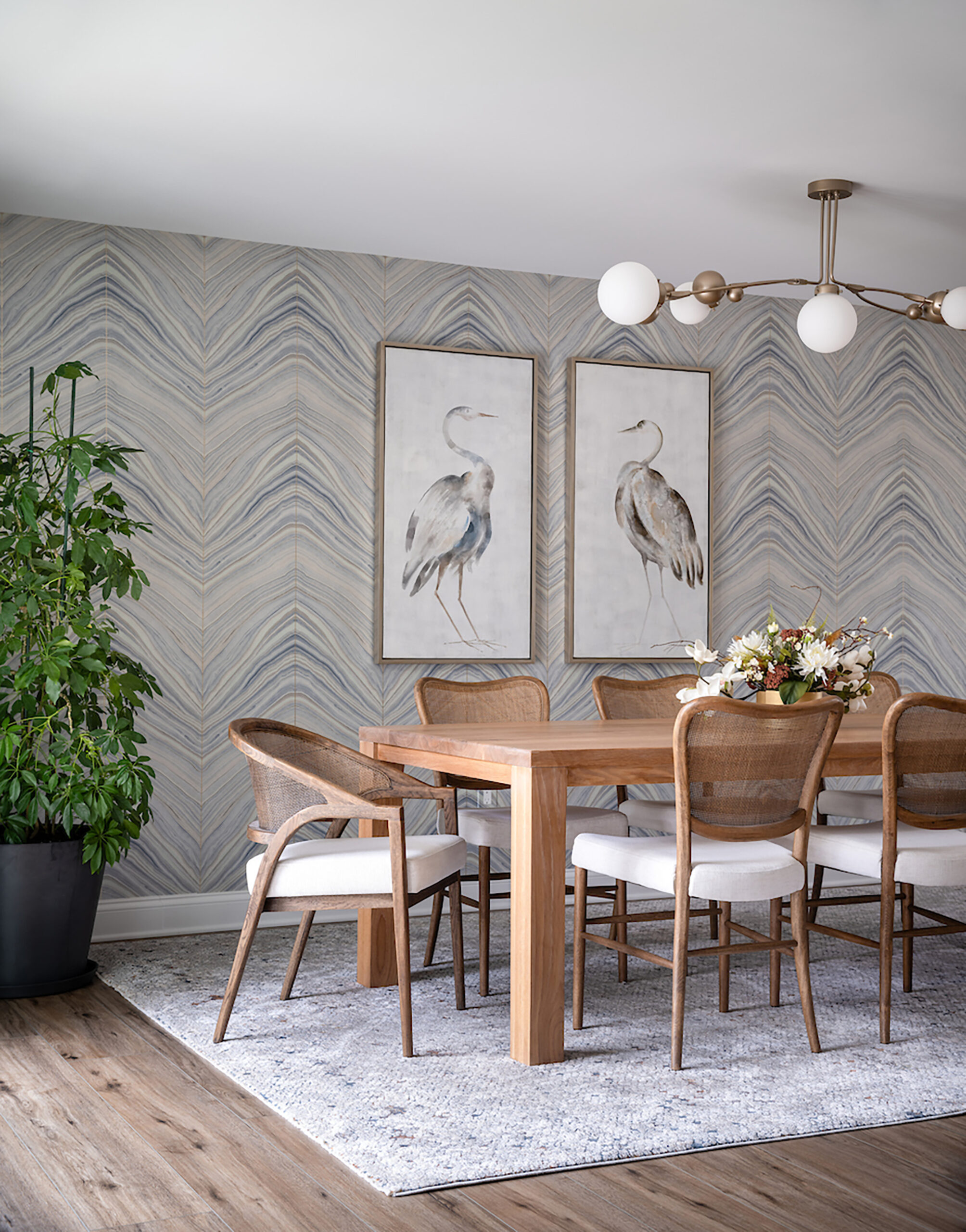 Modern Farmhouse dining room with wood accents and wallcoverings Orangevale.
