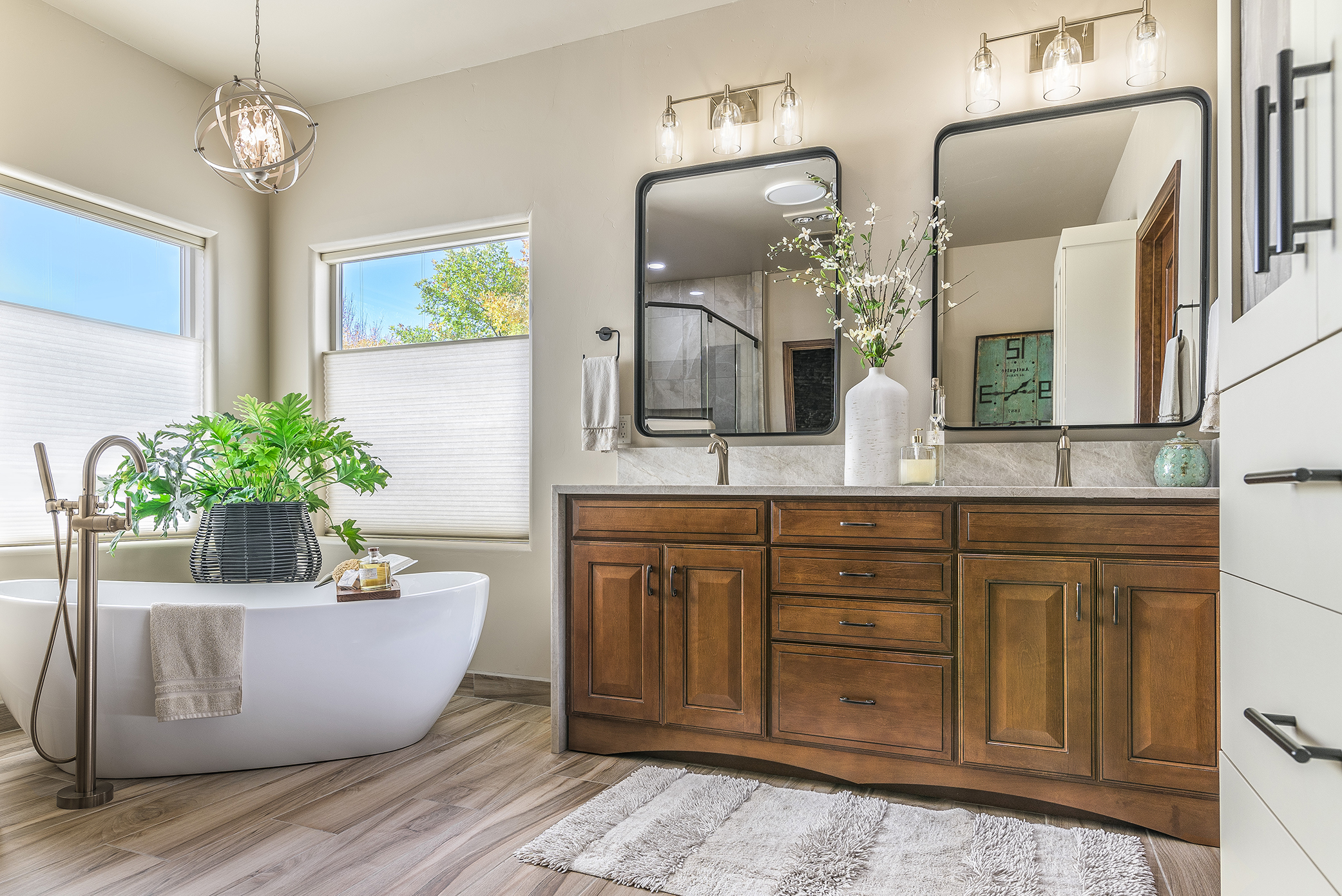 Modern farmhouse spa bathroom interior design in Roseville.