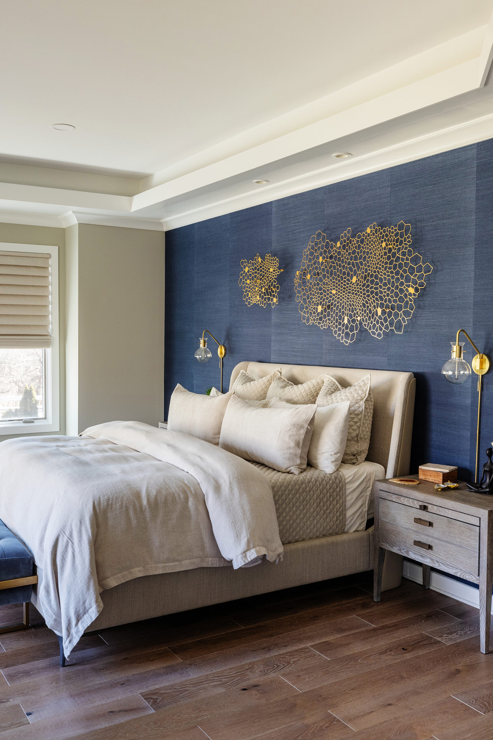 Coastal blue bedroom interior design in Roseville.