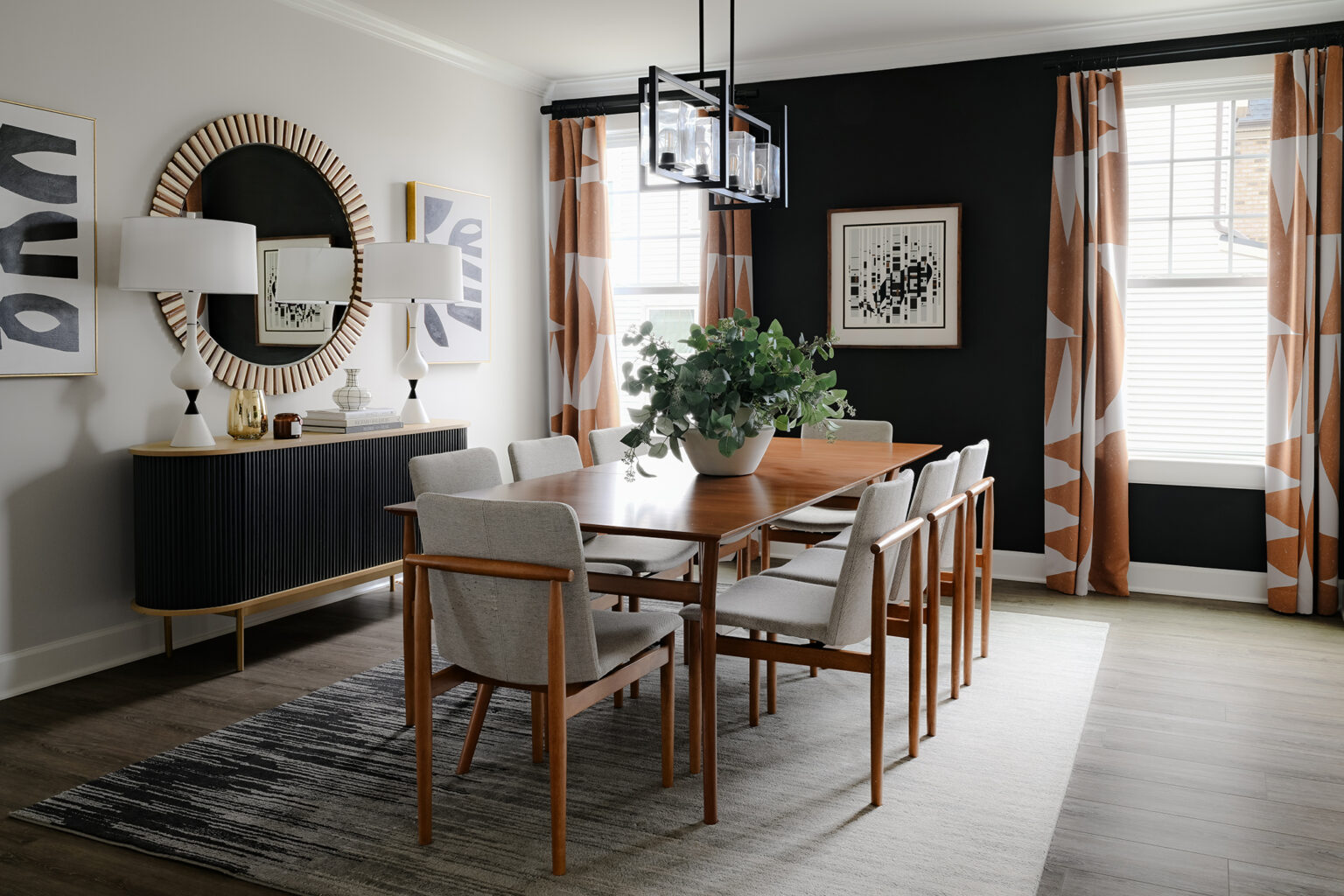 Neutral-toned dining room with feature wall