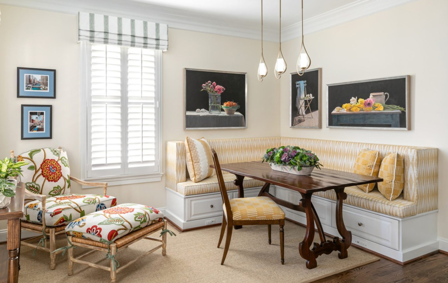 Cozy banquette corner with yellow upholstery